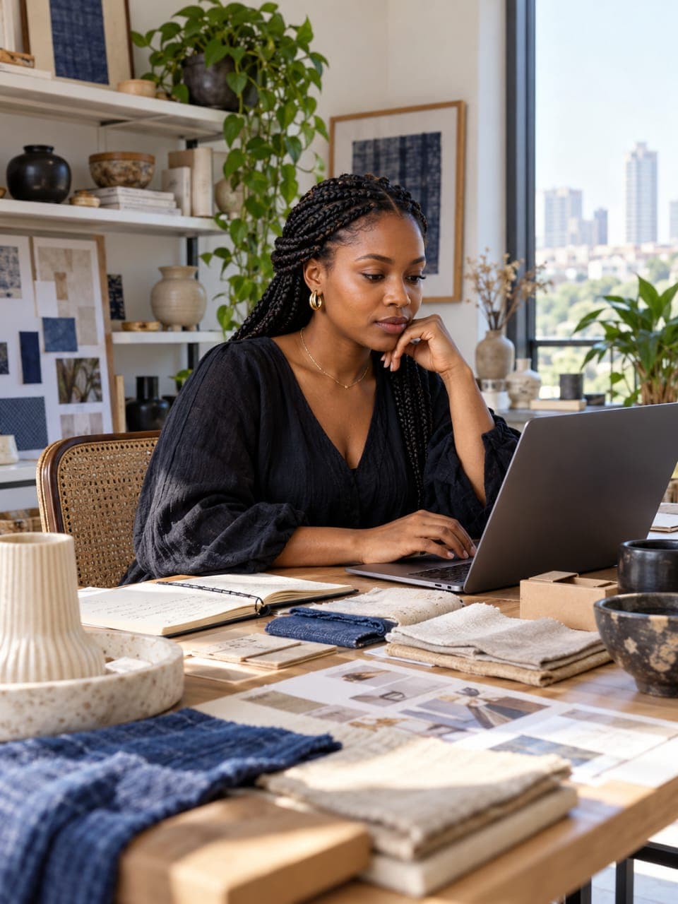 A Nigerian lifestyle brand founder reviewing a product pages beside physical product samples, packaging notes and material swatches